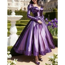 Shiny Purple Satin A-Line Prom Dress LongSleeve Ankle-Length Birthday Party Gown