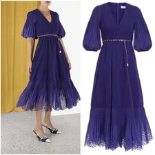 Zimmermann Dress Size 2/AU 12/US 8 Pleated Plissé Gold Chain Belted Lapis  Midi