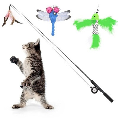 Interactive Cat Toy Retractable Fishing Rod 3 Replacement Lures Bells Blue