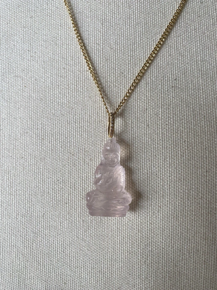 Rose Quartz Buddha Necklace with 14kt Gold and Diamonds - Image 3 of 4
