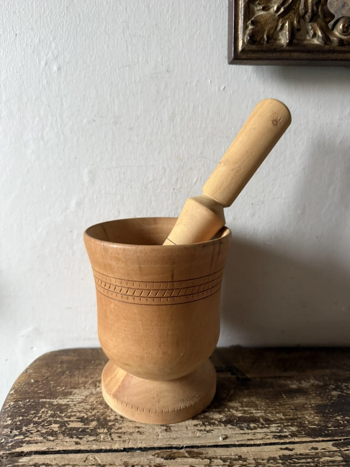 Vintage Primitive Wood Mortar and Pestle Apothecary Pedestal Base