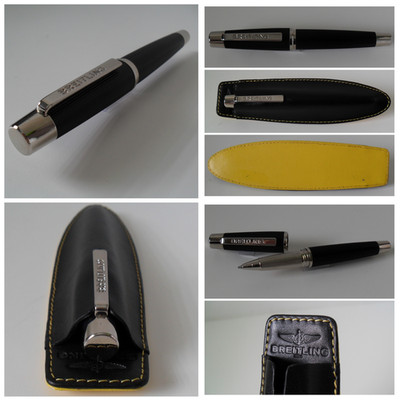 BREITLING Pen - Beautiful Polished Black Stainless Steel - Leather Logo Case NEW