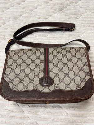 GUCCI GG Plus Web Stripe Used Shoulder Bag Brown PVC Leather Italy