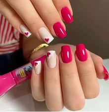 Valentines 24 Pcs Press-on Nails Medium Square - Red & White - Hearts