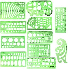 11 Piece Geometric Drawing Template Measuring Ruler, Transparent Green...