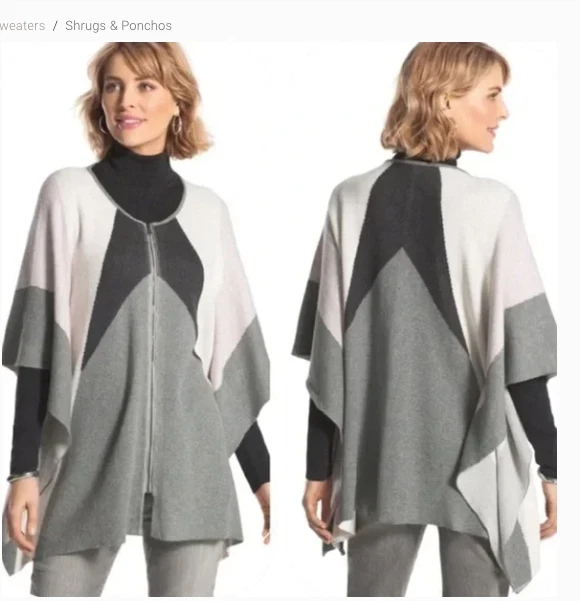 Chico’s Color Block Cape Poncho Full Zip 100% Cotton Cozy Comfy Boho One Size