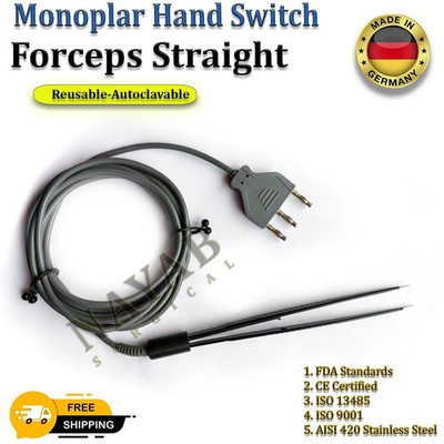 Monoplar Hand Switch Forceps Straight With Fixed Cable 20CM Length , 1.5mm Tip