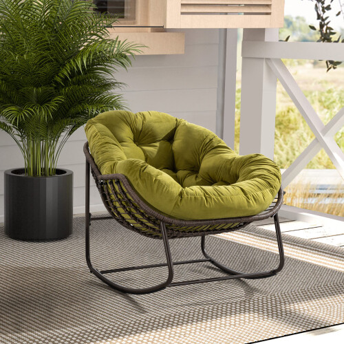 Outdoor Green Rattan Padded Cushion Rocking Recliner Chair Front Porch Patio
