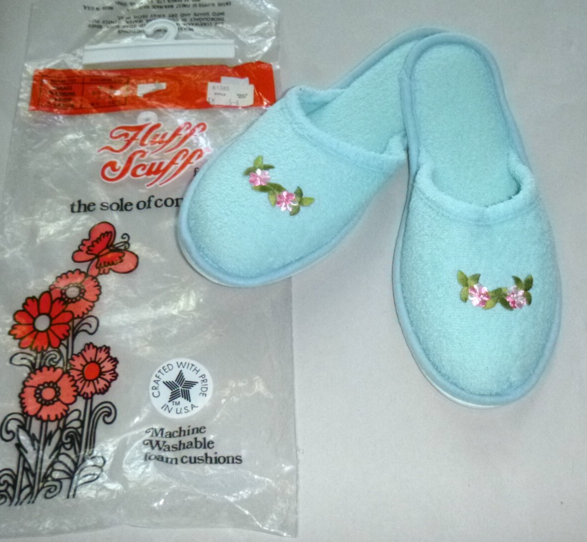 SAOLA NOS Vintage Fluff Scuff Terrycloth Pantofole Suola in Gomma Blu con Fiori Taglia S USA