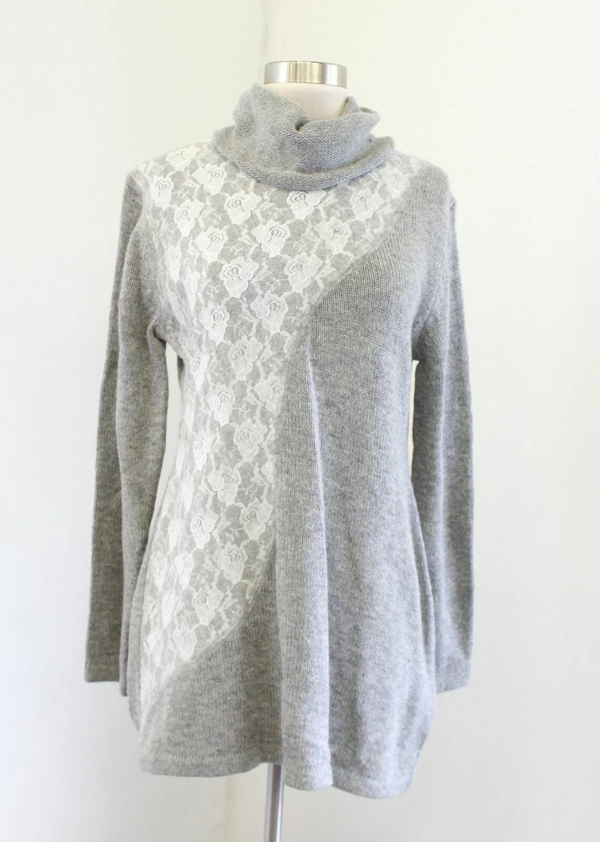 Soft Surroundings Gray White Floral Lace Turtleneck Tunic Sweater Size S Wool