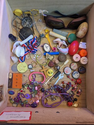 Junk drawer lot Vintage SODA LIDS unidentified PURPLE JEWELRY cross earrings 
