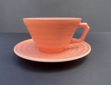 Hazel Atlas Moderntone Platonite Coffee Tea Cup Saucer Plate Pink Vintage