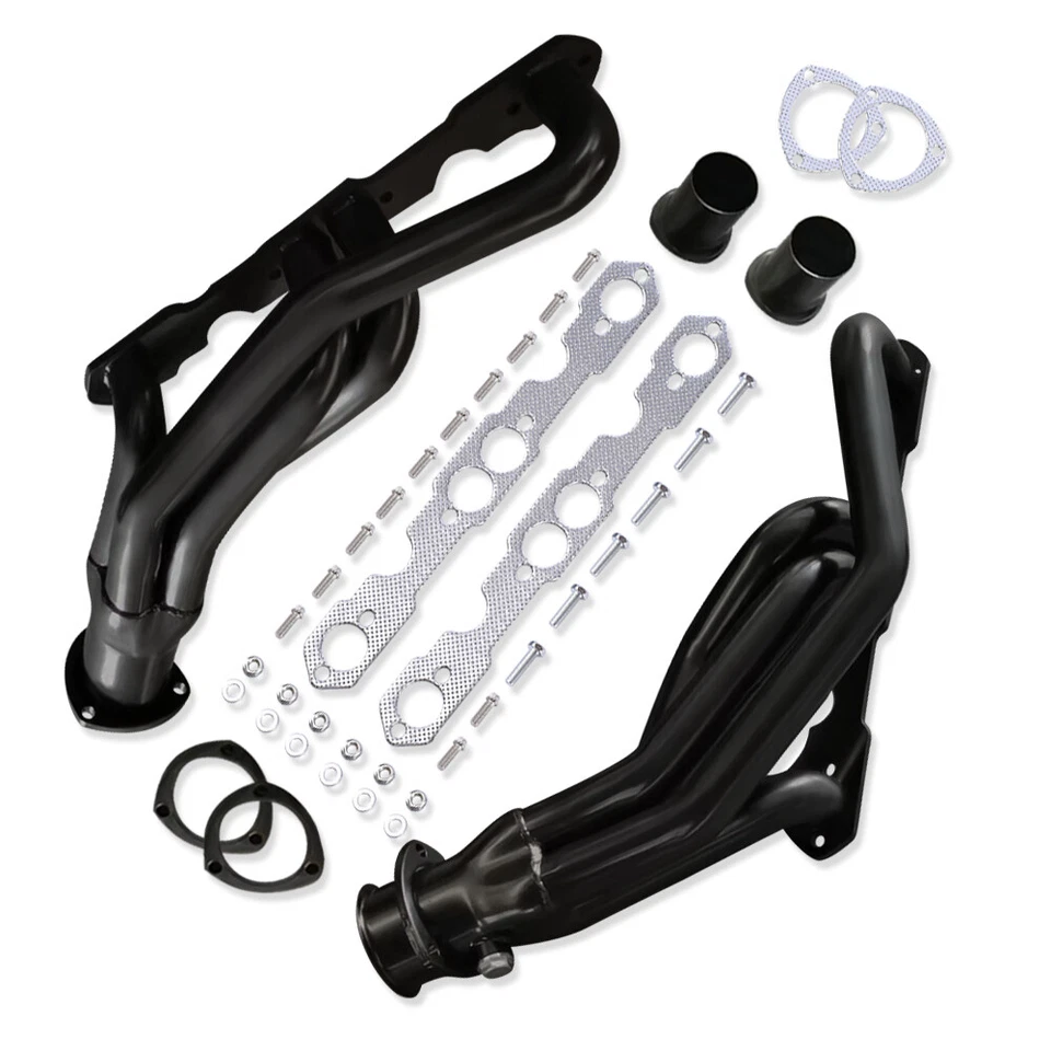 Cabezales de escape de acero negro para camioneta Chevy SBC GMC 1500 2500 V8 1988-1997 Foto 4 de 4
