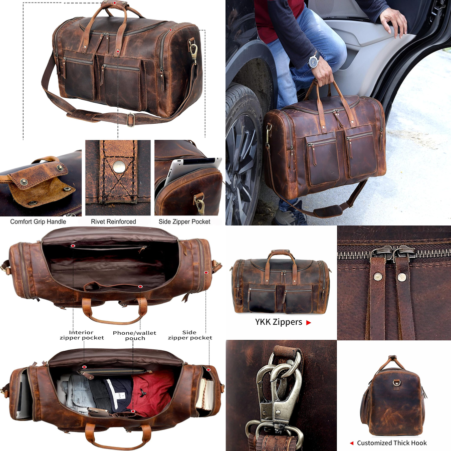 Vintage Style Leather Duffel Bag Classic Modern Retro Airplane