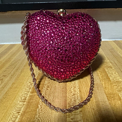 Women s Pink Solid Heart Clutch, Rhinestone, Clasp, Gold, Chain Strap