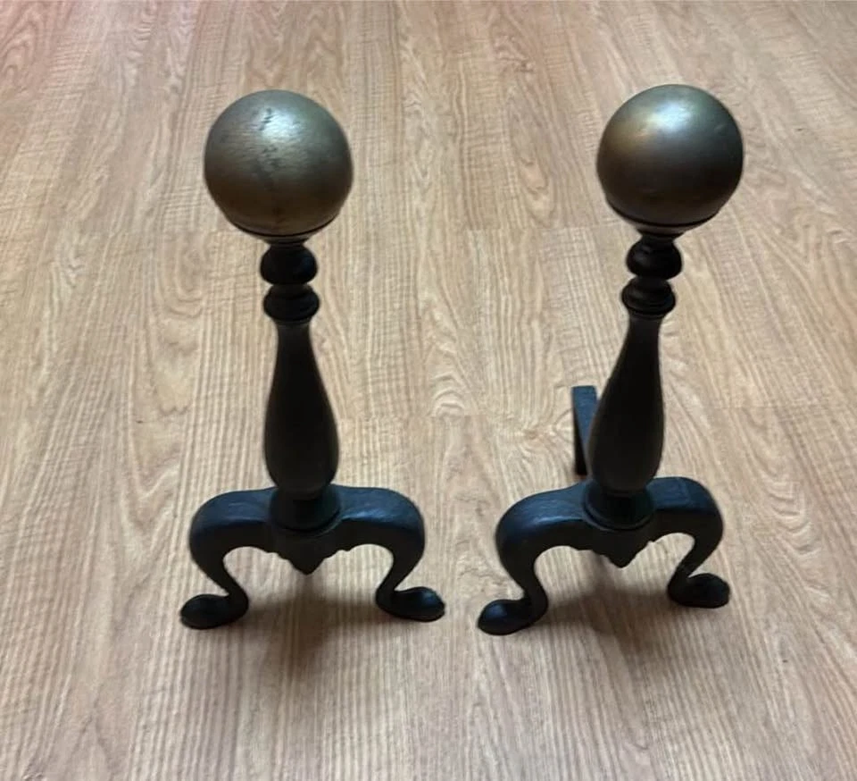Vtg Cast Iron Fireplace Andirons 16" Gold Ball Finials Colonial Federal Style - Image 1 of 4