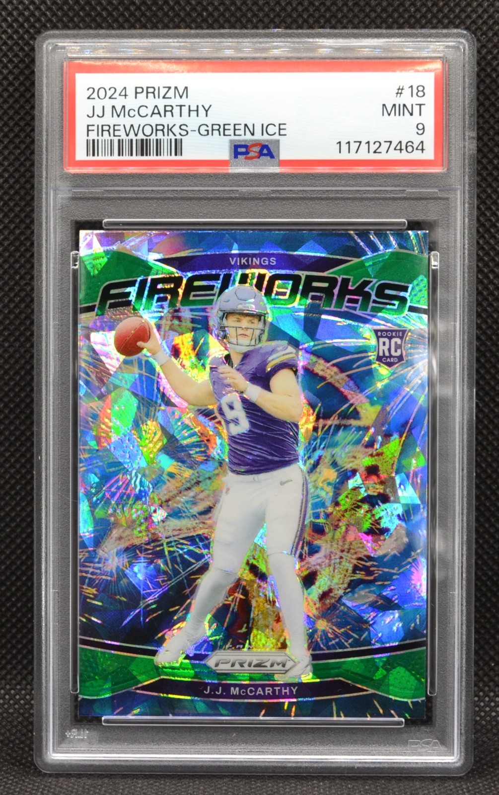 2024 Panini Prizm  JJ MCCARTHY Fireworks Green Ice #18 PSA MT 9 ROOKIE VIKINGS