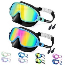 Swim Goggles with Nose Cover, 2 Pack Wide View 01-black Green Black Blue