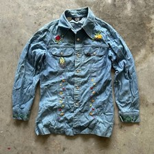 Vintage 70s Lee Pearl Snap Denim Button Shirt Floral Embroidery Size M/L