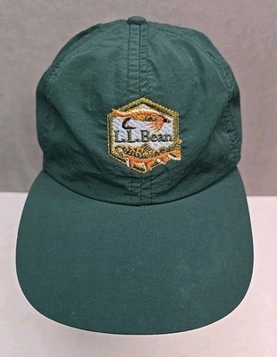 vtg L.L. Bean flyfishing hat green nylon leather strap back embroidered crest