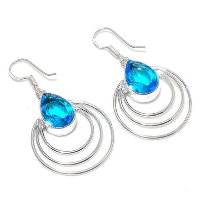 Swiss Blue Topaz Gemstone Handmade 925 Sterling Silver Jewelry Earring Size 2''