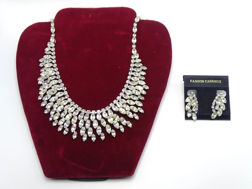 Vtg. Rhinestone Costume Jewelry Wedding Necklace + Earrings Set - S1