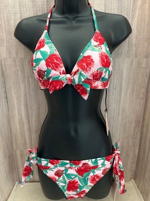 New w Tags Juicy Couture Halter Pink & Red Floral Bikini Set  w Tie Side Medium