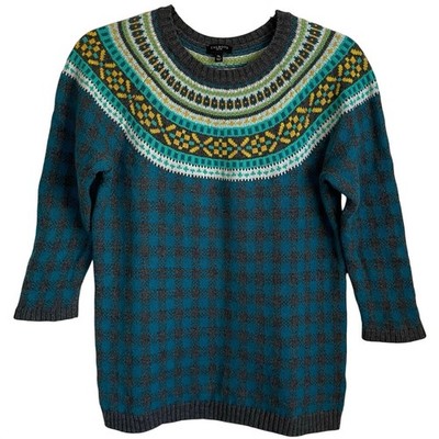 Talbots Fair Isle Plaid Sweater Lambswool Blend Sz MP 3/4 Sleeves Preppy Cozy