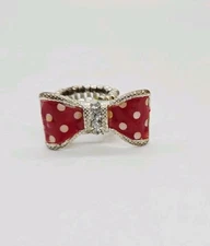 Polka Dot Bow Stretch Ring Silver Tone ed White Enamel OSFM One Size