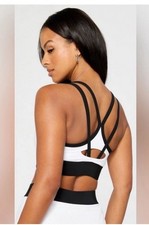 Fabletics Black  White Principal Longline Medium Impact Sports Bra  L  NWT