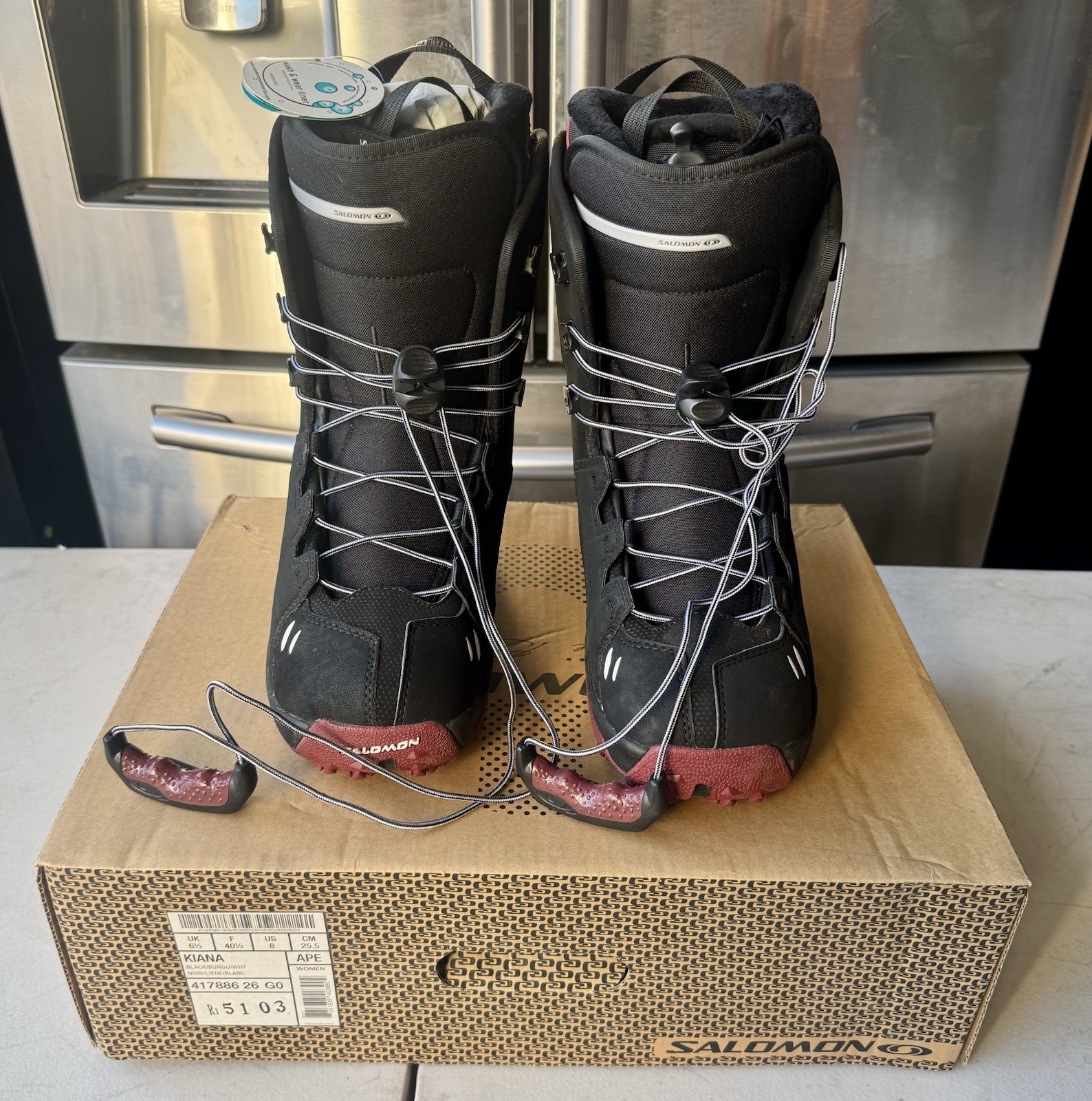 Stivali snowboard Salomon KIANA taglia 8 donna nero burgu bianco nuovi scatola aperta