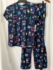 New Joyspun Women Pajama set pants w/ pockets Navy Tropical Water Print U pick