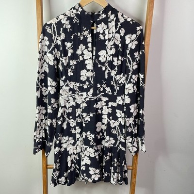 Lover Dress Womens 2 Black Floral Pattern Pleated Keyhole Neck Long Sleeve Mini