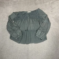 Lucky Brand Shirt Womens Large Green Long Sleeve Textured Smocked Blouse Top