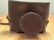 Vintage big lens camera case, brown leather - 6.25" w x 4.75" h x 4" d