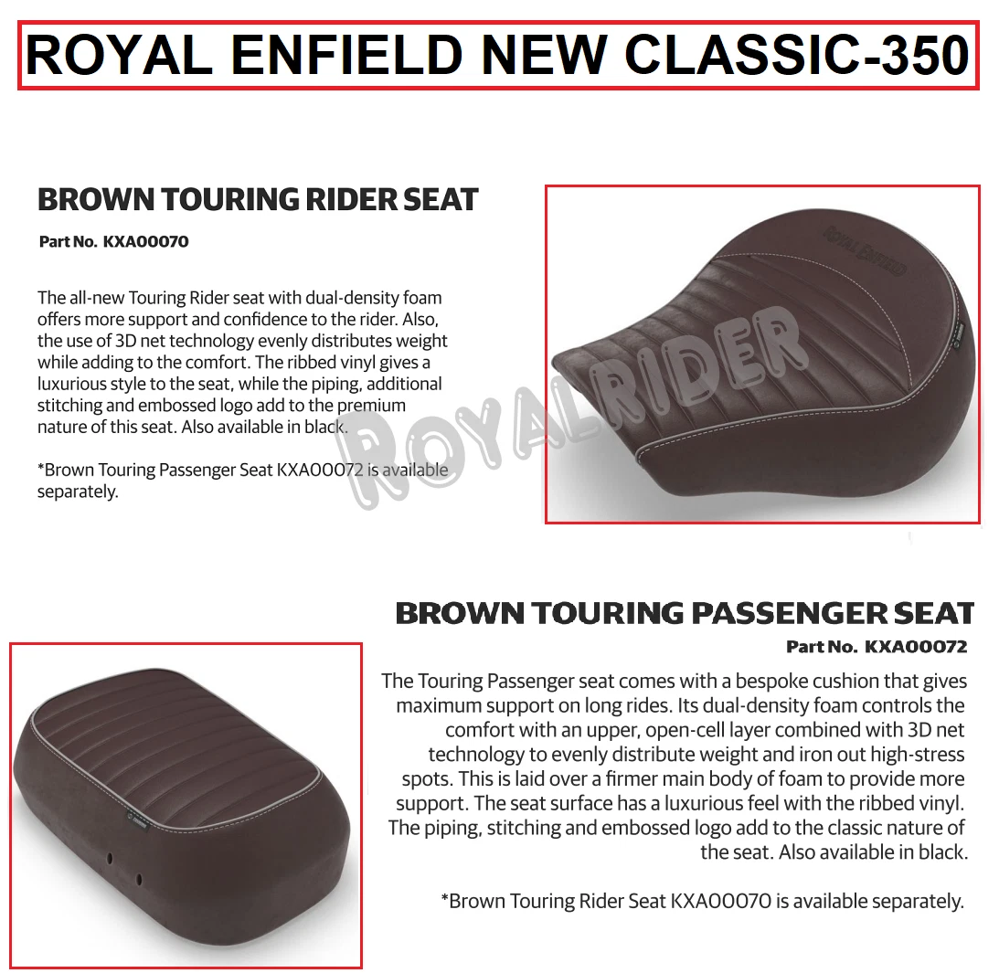 ROYAL ENFIELD NEW CLASSIC 350 BROWN TOURING RIDER SEAT PASSENGER SEAT