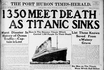 Titanic Sinks - Old Newspaper Headlines - 4 x 6 Photo Print