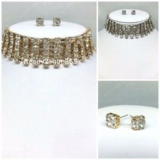 5 Row Rhinestone Crystal Choker Necklace Collar Bling Wide Wedding Gold Silver