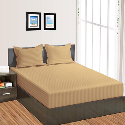Extra Deep Pocket Fitted Sheet+2 Pillow Case 800 TC Organic Cotton Taupe Stripe