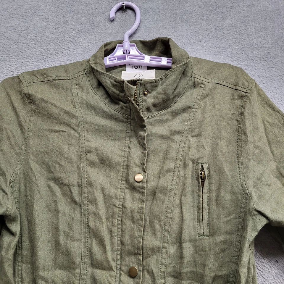 Chaqueta Artisan NY Mujer Pequeña Verde Lino Militar Utilidad Cremallera Completa Foto 4 de 4