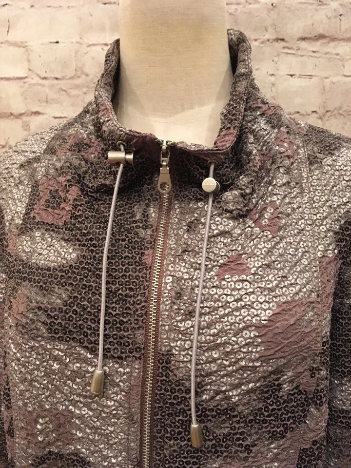 Ruby Rd. Womens 12 Casual Jacket Taupe Gray Silver Print Full Zip Faux Sequins - Image 2 of 4