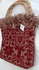 Bamboo Handles Fringed Brushed Bongo Bag Fab 8" x 8" Tweed Interior Rust Color