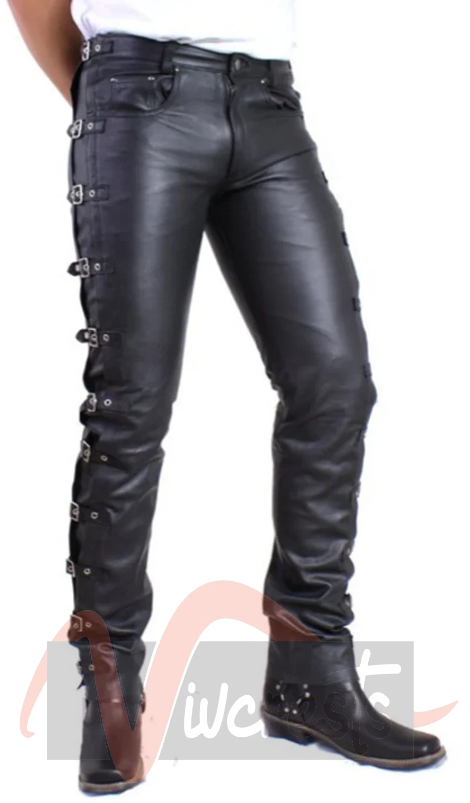 Mens Pure Leather Pants Black Trousers with Side Buckles Motorcycle Biker Pants
Opens in a new windo