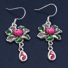 S925 Pure Sterling Silver Women Earrings Enamel Peony Flower Dangle Earrings