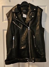 Stradivarius Black Faux Leather Waistcoat Style Biker Jacket Sleeveless Size L