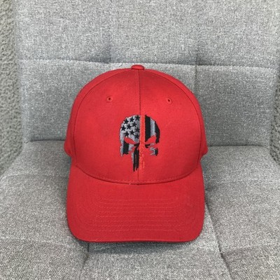 Port Authority Hat Cap Fitted Mens L Red Skull Flag USA Patriotic Baseball