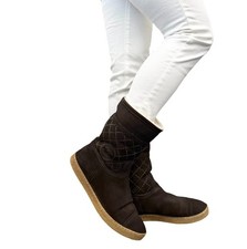 CHANEL Vintage CC Mark Logo Mid Calf Boots 39.5 Stitch Dark Brown Cream Suede