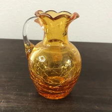 Vtg Hand Blown Yellow Orange Amber Round Crackle Glass Creamer Pitcher Vase READ