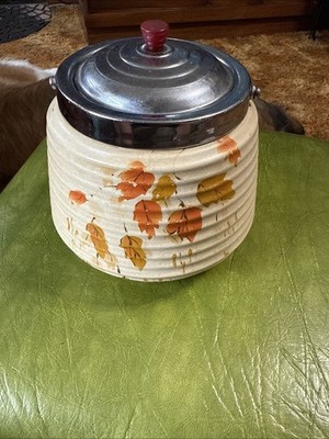 Bramley England BISCUIT BARREL Jar Ribbed  Autumn Leaves Orange Fall Motif Vtg