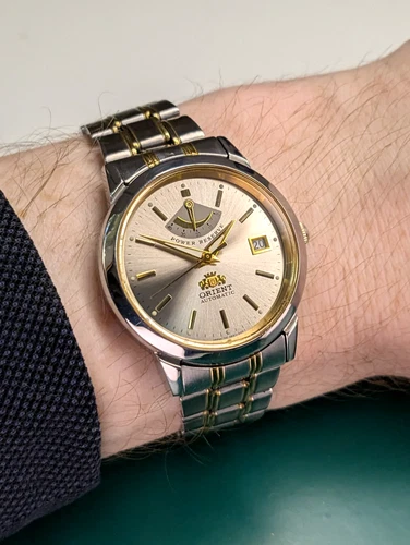 Vintage Orient Power Reserve FD01 Date Two Tone Men Bracelet Japan Automatic